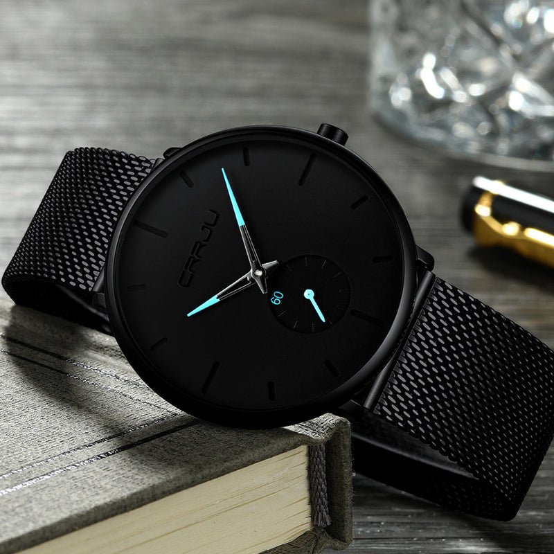 Relógio CRRJU Slim Black - Estilo Elegante com Design Ultra Fino, Movimento Quartzo
