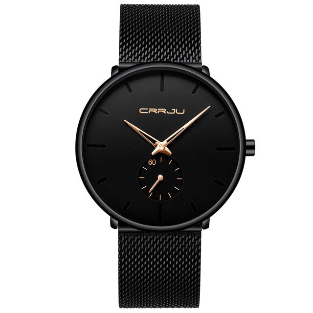 Relógio CRRJU Slim Black - Estilo Elegante com Design Ultra Fino, Movimento Quartzo